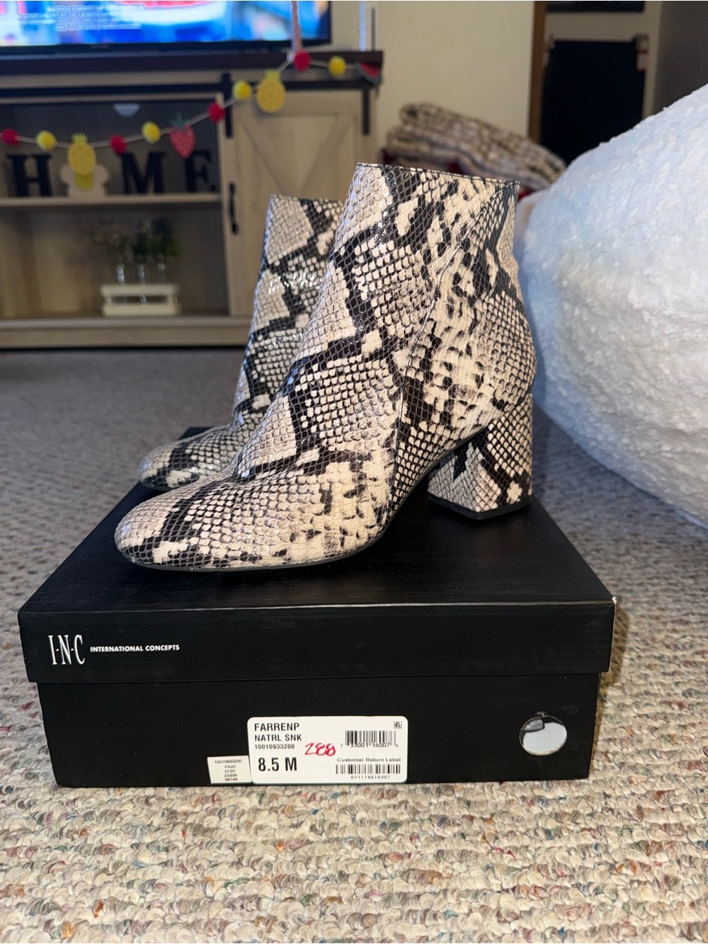 INC International Concepts Black and Cream Snake-Print Ankle Boots